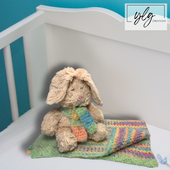 Baby Lovey Small Security Blanket Soft Multicolor Crochet Bunny Rabbit in Scarf - Picture 1 of 11